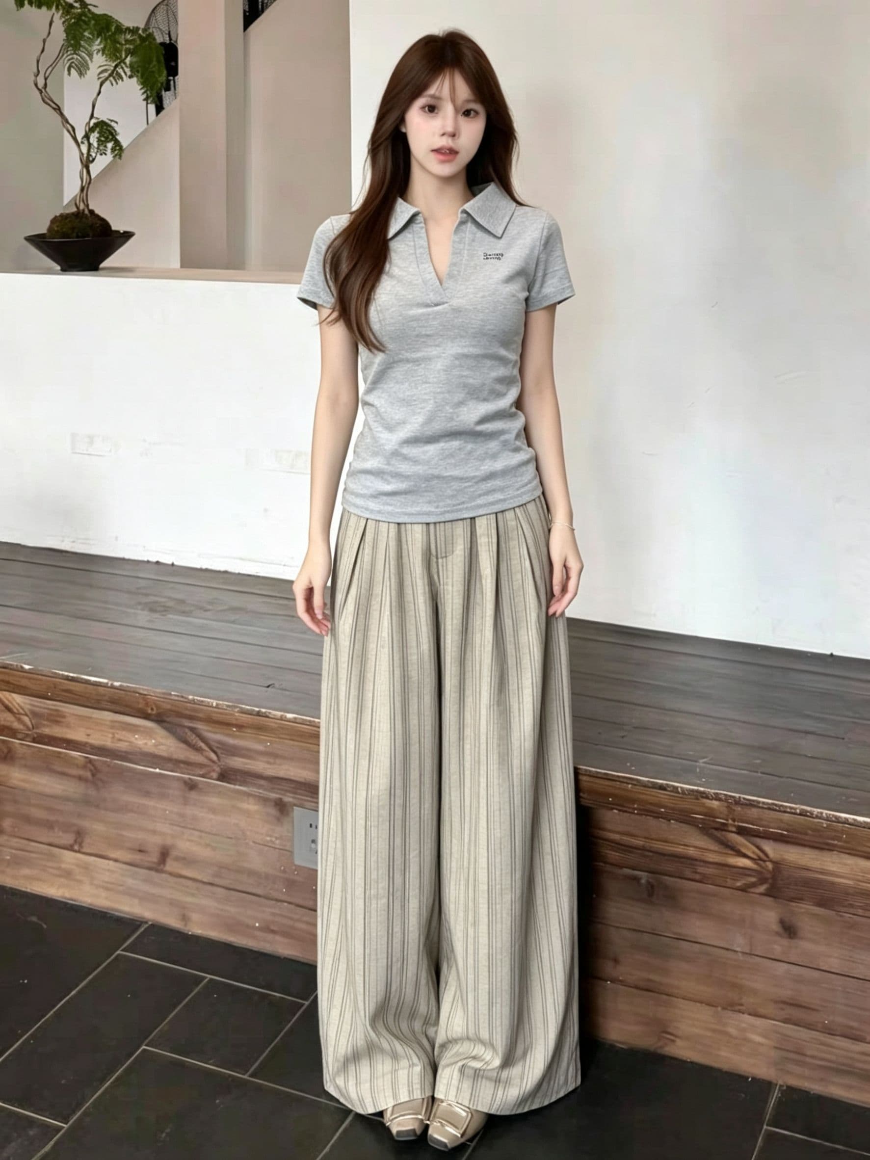 전체 집합 ootd 착용 가져 가라. 세트 여성 한 부서 캐주얼 느긋한 바람 POLO 칼라 반팔 티셔츠 와이드 레그 팬츠 투피스 세트 상세 이미지 5