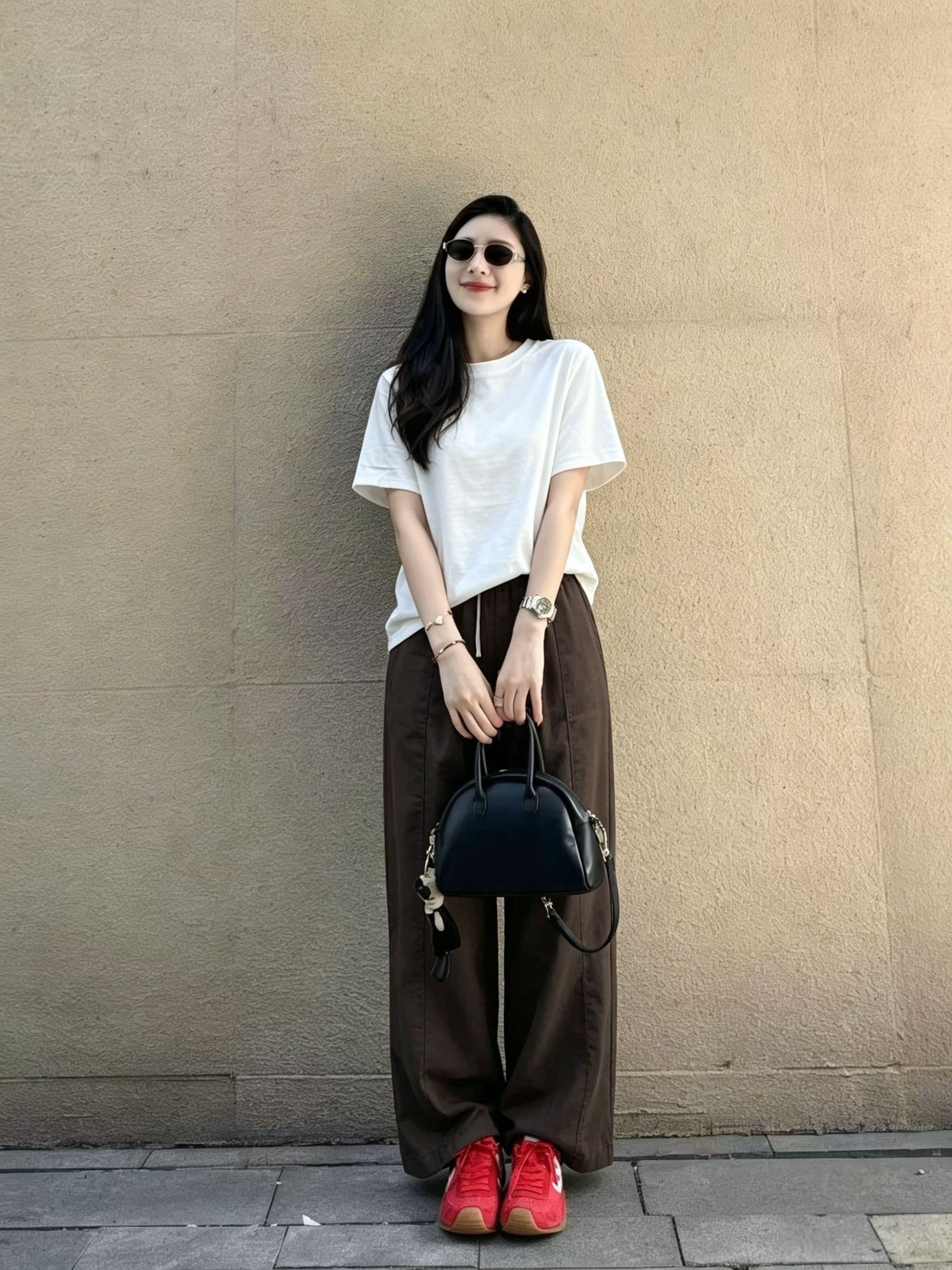 여름 ootd 착용 가져 가라. 세트 한국 스타일 연령 감소 루즈핏 화이트 반팔 티셔츠 캐주얼 슬림해 보이는 와이드 레그 팬츠 투피스 세트 상세 이미지 3