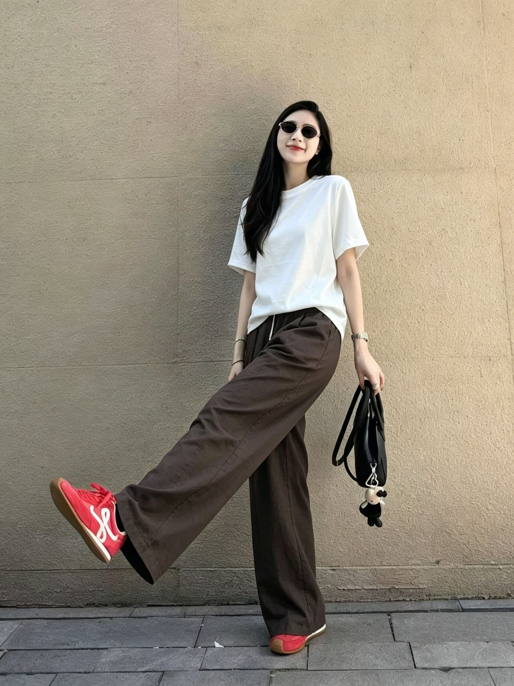 여름 ootd 착용 가져 가라. 세트 한국 스타일 연령 감소 루즈핏 화이트 반팔 티셔츠 캐주얼 슬림해 보이는 와이드 레그 팬츠 투피스 세트 상세 이미지 4