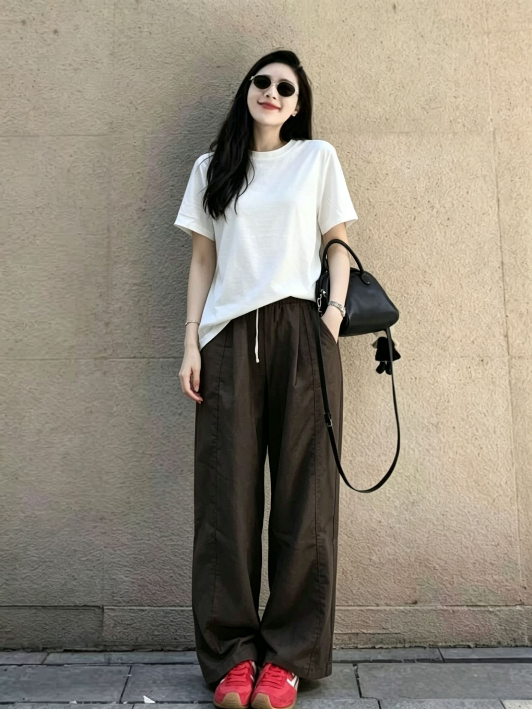 여름 ootd 착용 가져 가라. 세트 한국 스타일 연령 감소 루즈핏 화이트 반팔 티셔츠 캐주얼 슬림해 보이는 와이드 레그 팬츠 투피스 세트 상세 이미지 5
