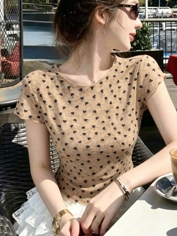 40d 메시 원단 전후 이중층 하트 도트 무늬 얇은 스타일 긍정적 인 어깨 반팔 티셔츠 여성 여름 몸매 가꾸기 슬림해 보이는 프릴 맨위 이미지 3