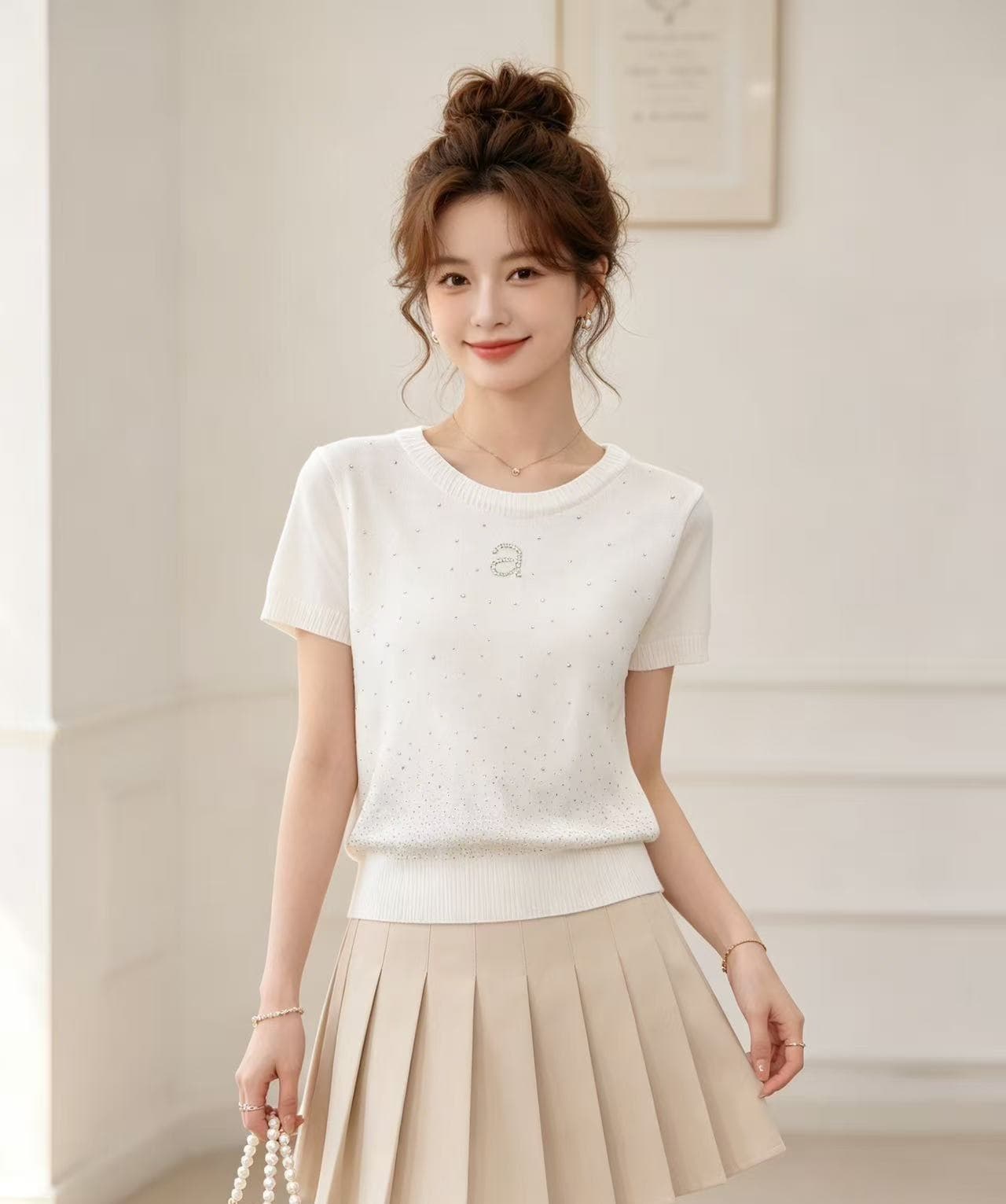 2026 년 여름 패션 라운드 넥 무거운 작업 핫픽스 다용도 니트 풀오버 반팔 상세 이미지 2