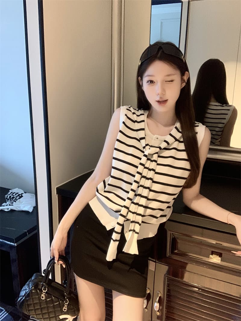 한 부서 디자인 센스 스트랩 스트라이프 민소매 니트 오픈 가디건 맨위 여성 여름 작은 대중 Chic 니트 조끼 작은 셔츠 이미지 4