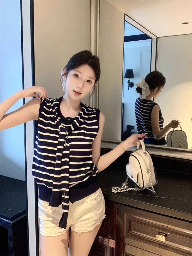 한 부서 디자인 센스 스트랩 스트라이프 민소매 니트 오픈 가디건 맨위 여성 여름 작은 대중 Chic 니트 조끼 작은 셔츠 이미지 2
