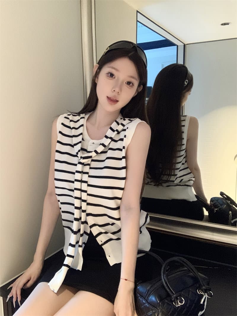 한 부서 디자인 센스 스트랩 스트라이프 민소매 니트 오픈 가디건 맨위 여성 여름 작은 대중 Chic 니트 조끼 작은 셔츠 상세 이미지 5