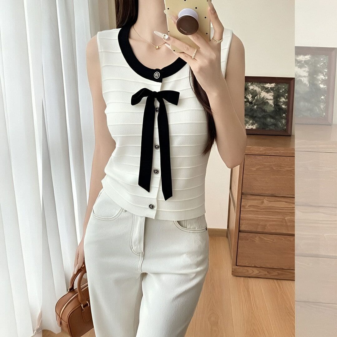 프랑스식 작은 샤넬 스타일 나비 매듭 민소매 조끼 오픈 가디건 여성 여름 새로운 품격 몸매 가꾸기 니트 스웨터 외출용 맨위 이미지 2