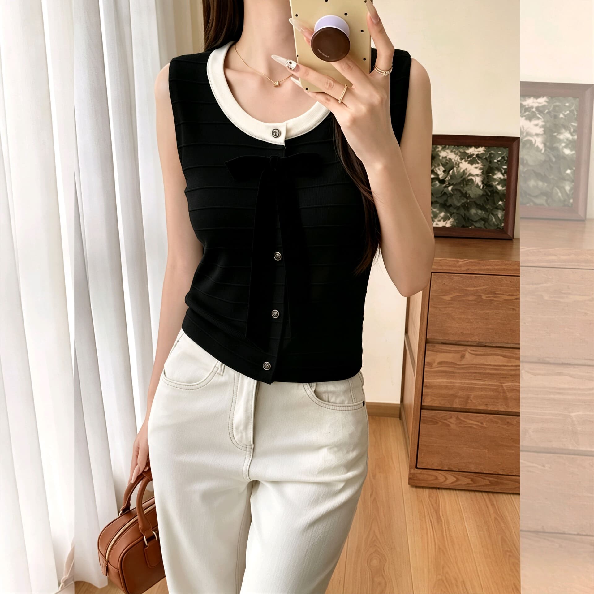 프랑스식 작은 샤넬 스타일 나비 매듭 민소매 조끼 오픈 가디건 여성 여름 새로운 품격 몸매 가꾸기 니트 스웨터 외출용 맨위