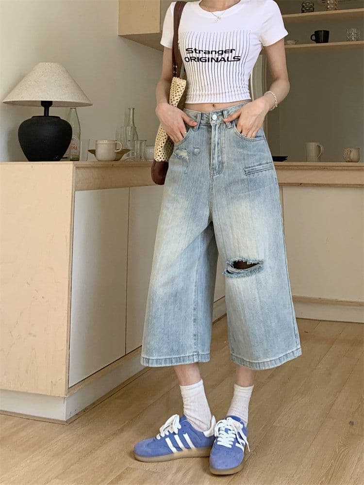 찢어진 부분 디자인 센스 데님 반바지 여름 핫걸 아메리칸 캐주얼 하이웨이스트 다용도 루즈핏 넓은 다리 7부 바지 상세 이미지 5