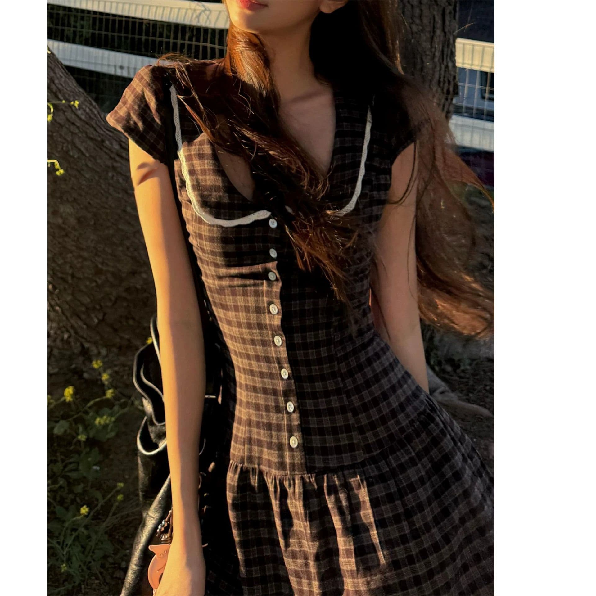 프랑스식 학원 스타일 체크무늬 여성 드레스 여름 베이비 칼라 허리 수축 미니 스커트 작은 키 품격 이미지 4