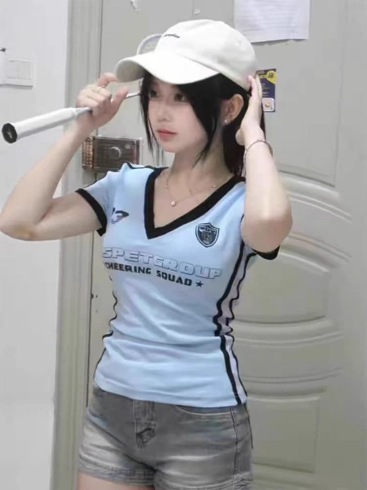 40 1 1 순면 아메리칸 V넥 삽입 어깨 소매 반팔 디자인 센스 Chic 핫걸 몸매 가꾸기 슬림해 보이는 짧은 맨위 상세 이미지 4