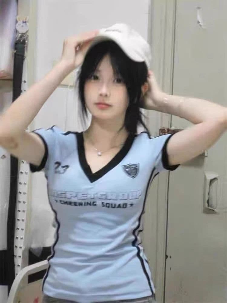 40 1 1 순면 아메리칸 V넥 삽입 어깨 소매 반팔 디자인 센스 Chic 핫걸 몸매 가꾸기 슬림해 보이는 짧은 맨위 상세 이미지 5