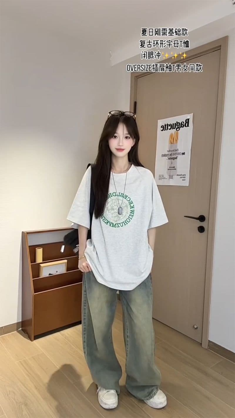 32 더블 실 순면 반팔 티셔츠 여성 의류 여름 새로운 자수 꽃에서 길다 루즈핏 라운드 넥 맨위 이미지 4