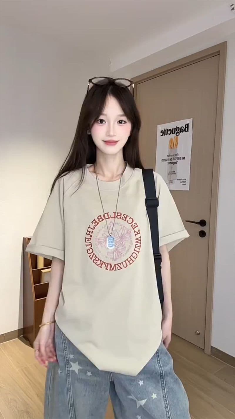 32 더블 실 순면 반팔 티셔츠 여성 의류 여름 새로운 자수 꽃에서 길다 루즈핏 라운드 넥 맨위 상세 이미지 2