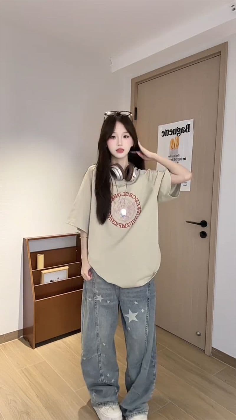 32 더블 실 순면 반팔 티셔츠 여성 의류 여름 새로운 자수 꽃에서 길다 루즈핏 라운드 넥 맨위 상세 이미지 5