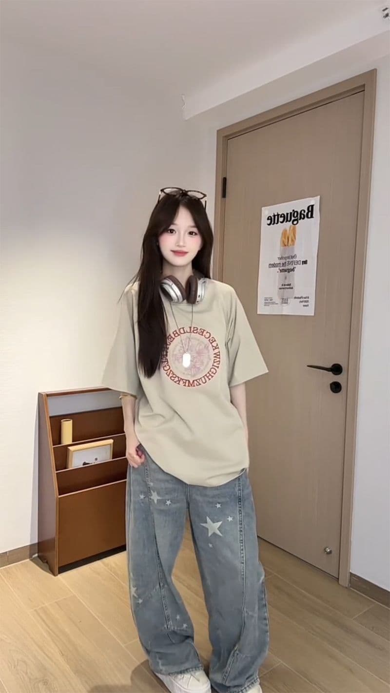 32 더블 실 순면 반팔 티셔츠 여성 의류 여름 새로운 자수 꽃에서 길다 루즈핏 라운드 넥 맨위 상세 이미지 6
