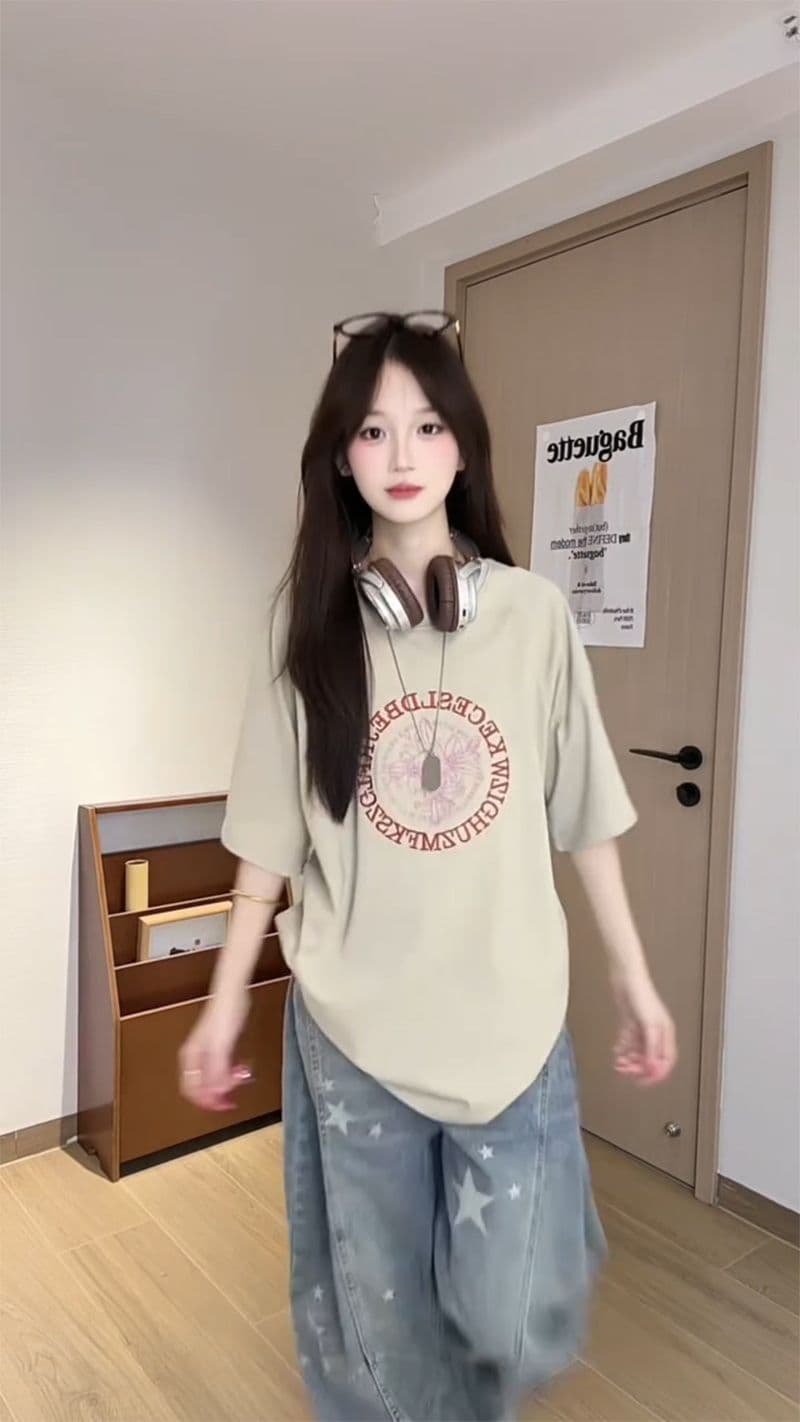 32 더블 실 순면 반팔 티셔츠 여성 의류 여름 새로운 자수 꽃에서 길다 루즈핏 라운드 넥 맨위 상세 이미지 8