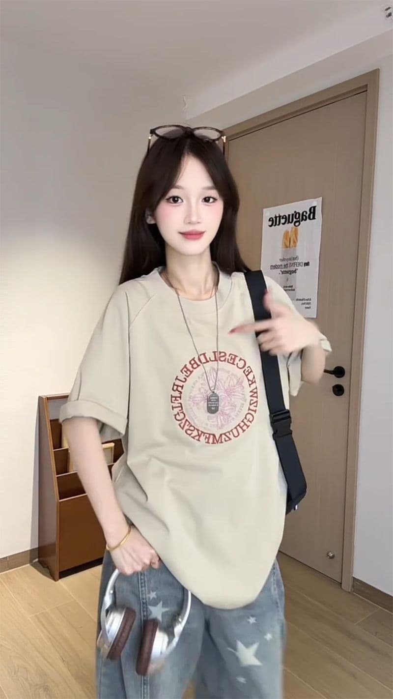 32 더블 실 순면 반팔 티셔츠 여성 의류 여름 새로운 자수 꽃에서 길다 루즈핏 라운드 넥 맨위 상세 이미지 9