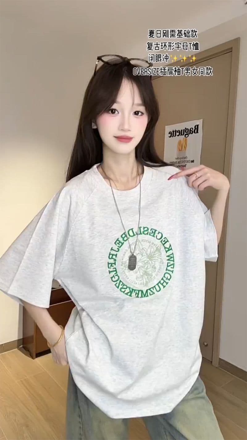 32 더블 실 순면 반팔 티셔츠 여성 의류 여름 새로운 자수 꽃에서 길다 루즈핏 라운드 넥 맨위 상세 이미지 11