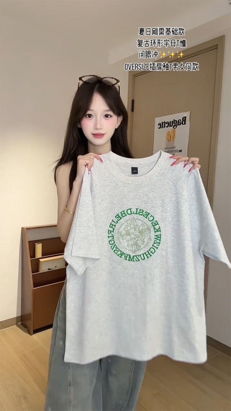 32 더블 실 순면 반팔 티셔츠 여성 의류 여름 새로운 자수 꽃에서 길다 루즈핏 라운드 넥 맨위 상세 이미지 12