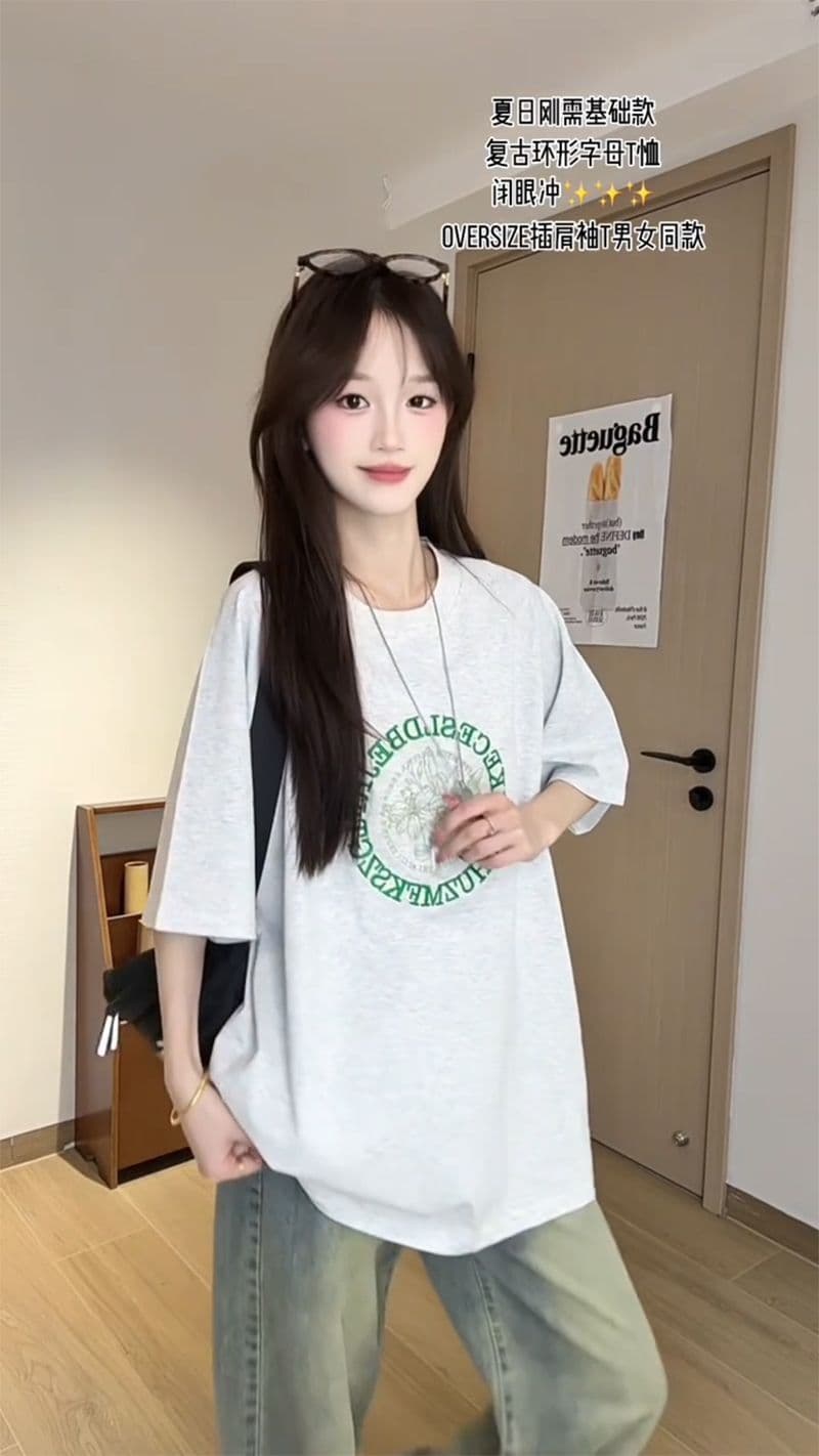 32 더블 실 순면 반팔 티셔츠 여성 의류 여름 새로운 자수 꽃에서 길다 루즈핏 라운드 넥 맨위 상세 이미지 13