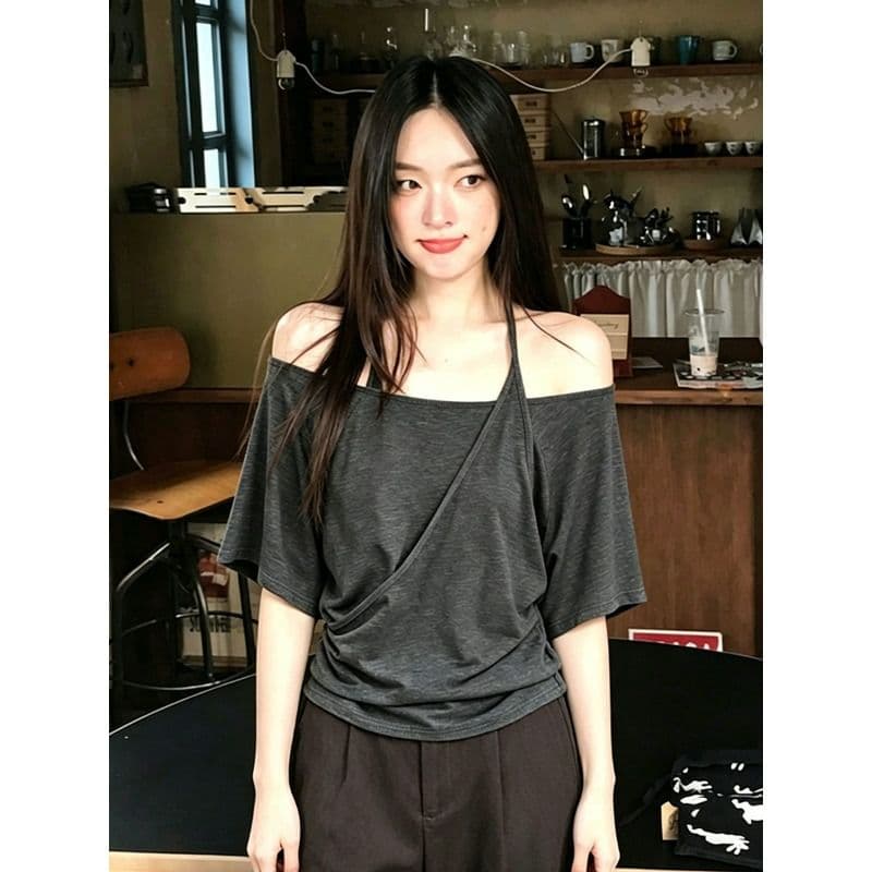 원본 품질 회색 페이크 레이어드 오프숄더 행침 목 반팔 티셔츠 여성 여름 핀치 Pleat 허리 수축 맨위 이미지 2