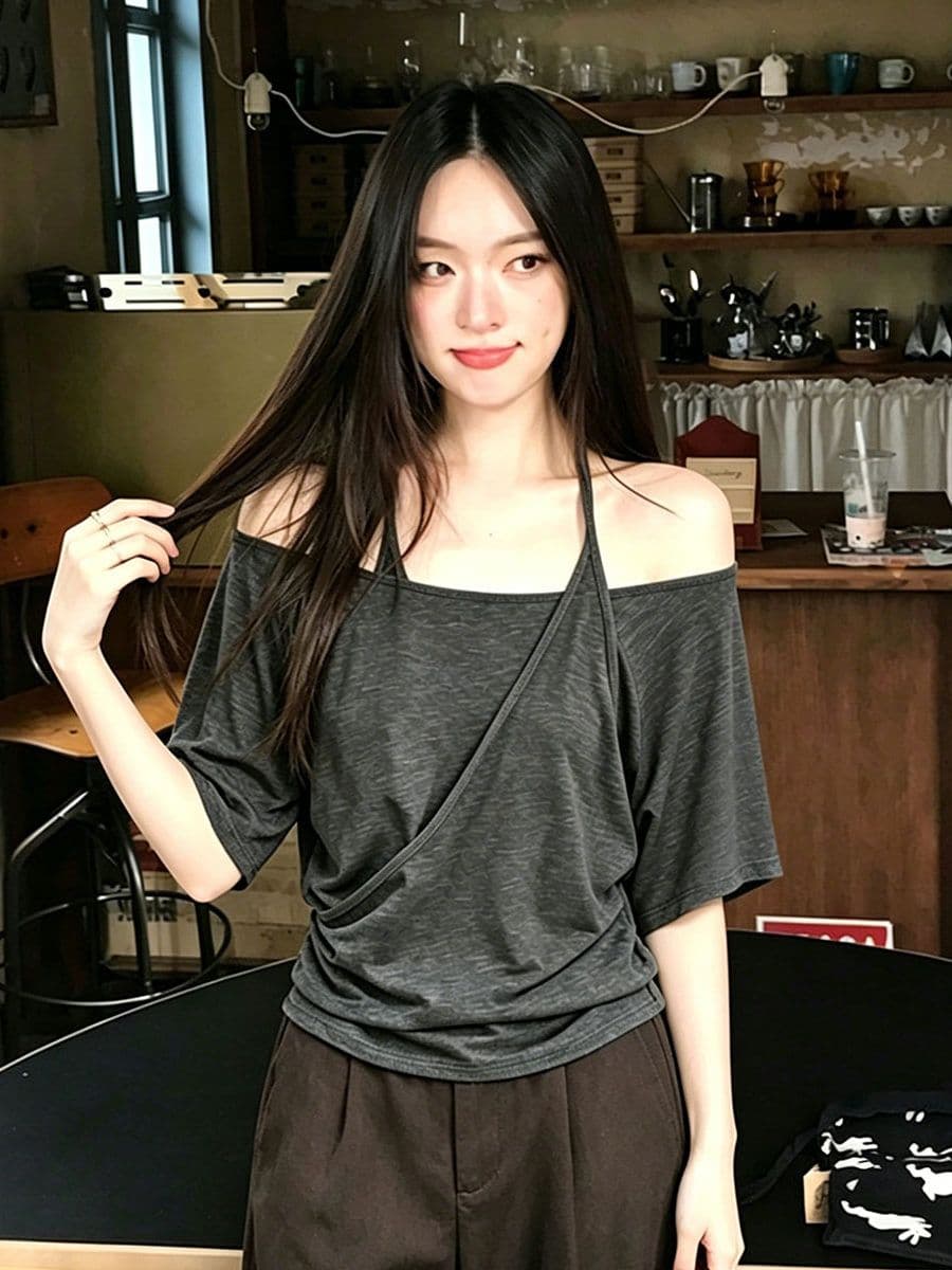 원본 품질 회색 페이크 레이어드 오프숄더 행침 목 반팔 티셔츠 여성 여름 핀치 Pleat 허리 수축 맨위 상세 이미지 3