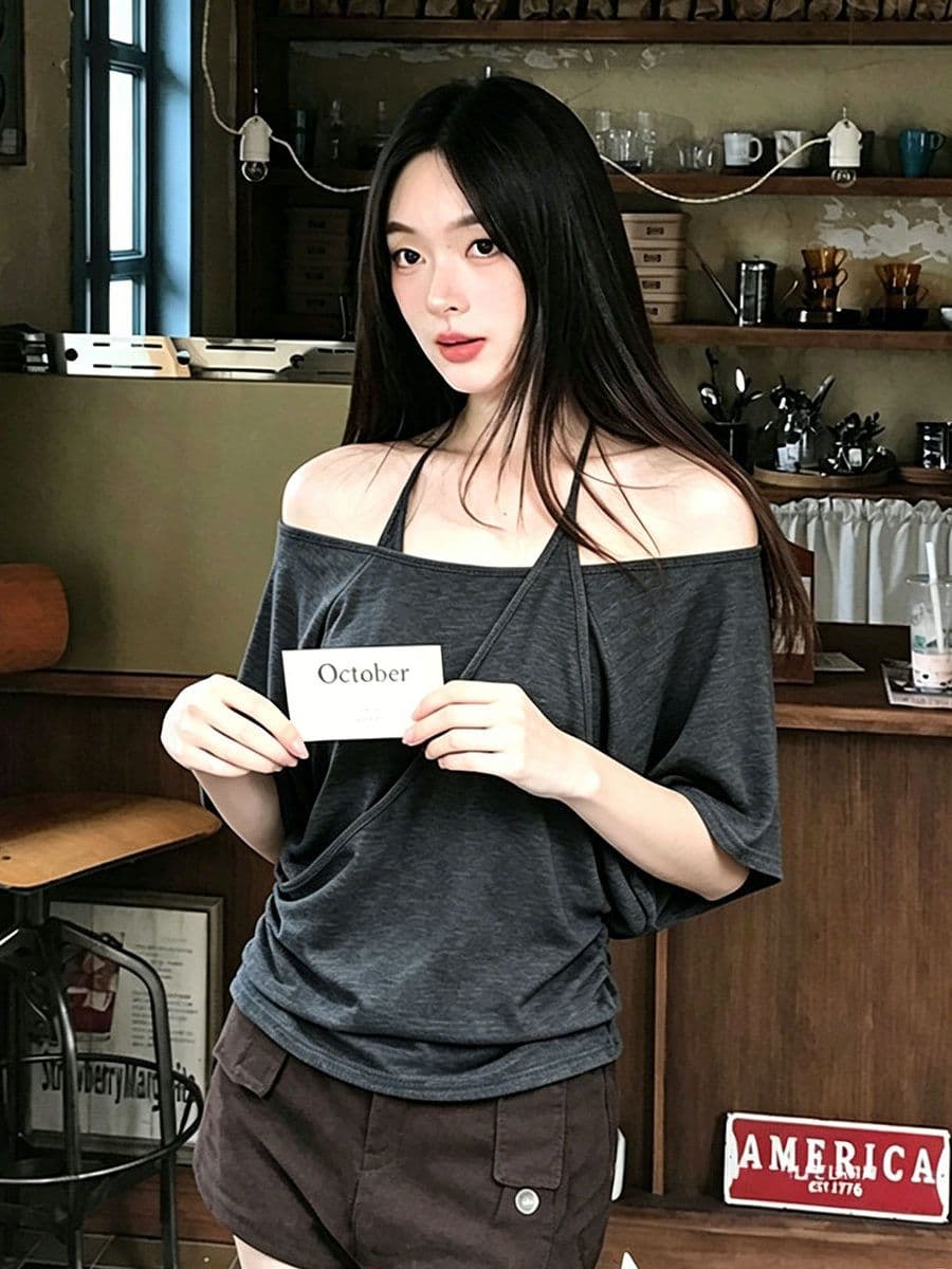 원본 품질 회색 페이크 레이어드 오프숄더 행침 목 반팔 티셔츠 여성 여름 핀치 Pleat 허리 수축 맨위 상세 이미지 4