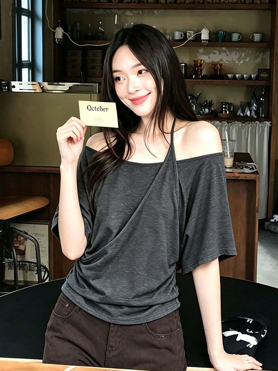 원본 품질 회색 페이크 레이어드 오프숄더 행침 목 반팔 티셔츠 여성 여름 핀치 Pleat 허리 수축 맨위 상세 이미지 5