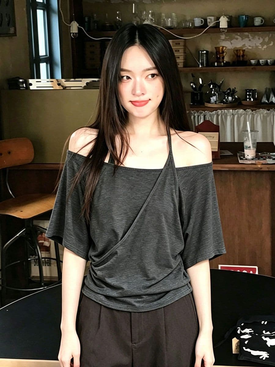 원본 품질 회색 페이크 레이어드 오프숄더 행침 목 반팔 티셔츠 여성 여름 핀치 Pleat 허리 수축 맨위 상세 이미지 7