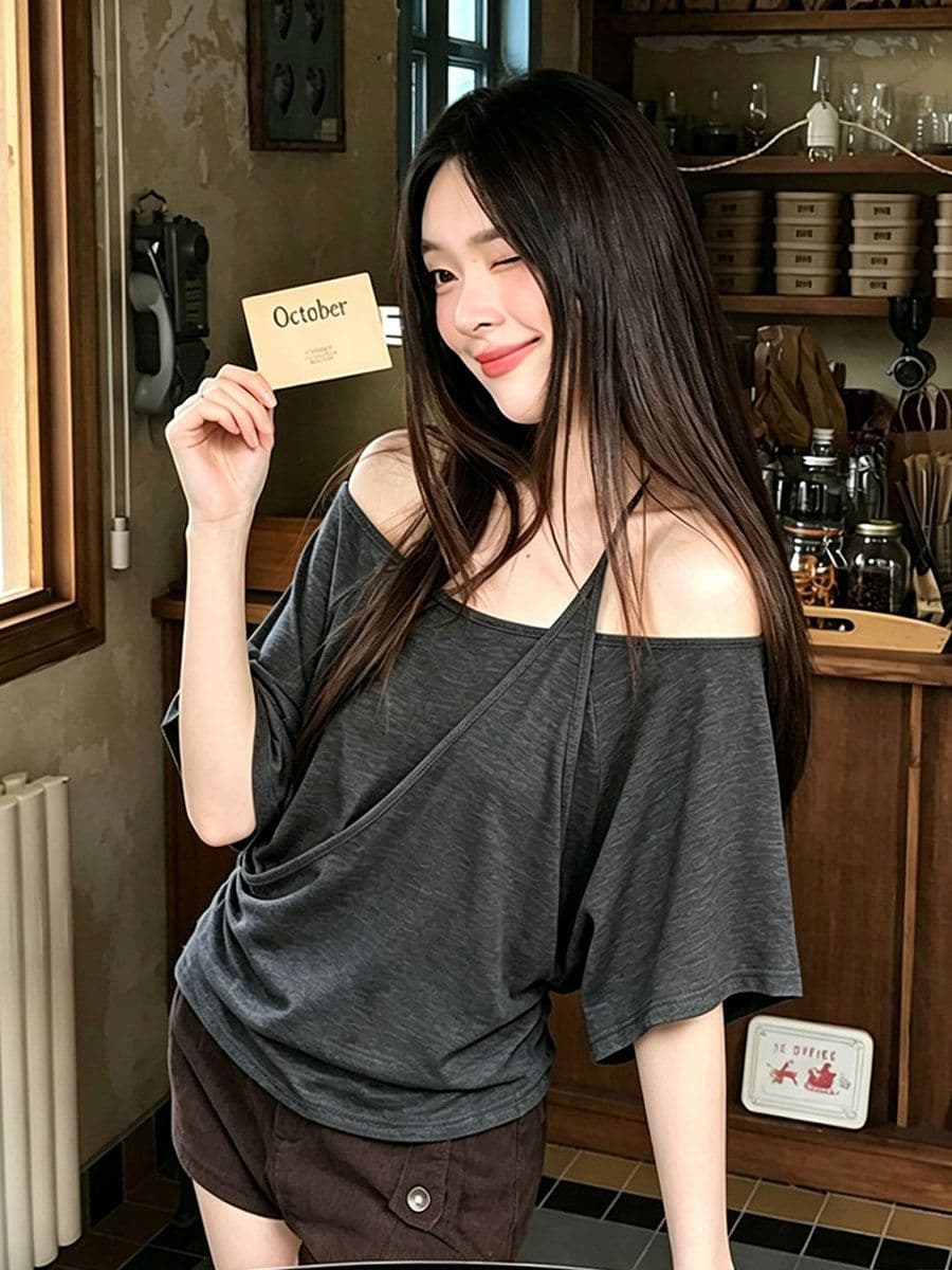 원본 품질 회색 페이크 레이어드 오프숄더 행침 목 반팔 티셔츠 여성 여름 핀치 Pleat 허리 수축 맨위 상세 이미지 11