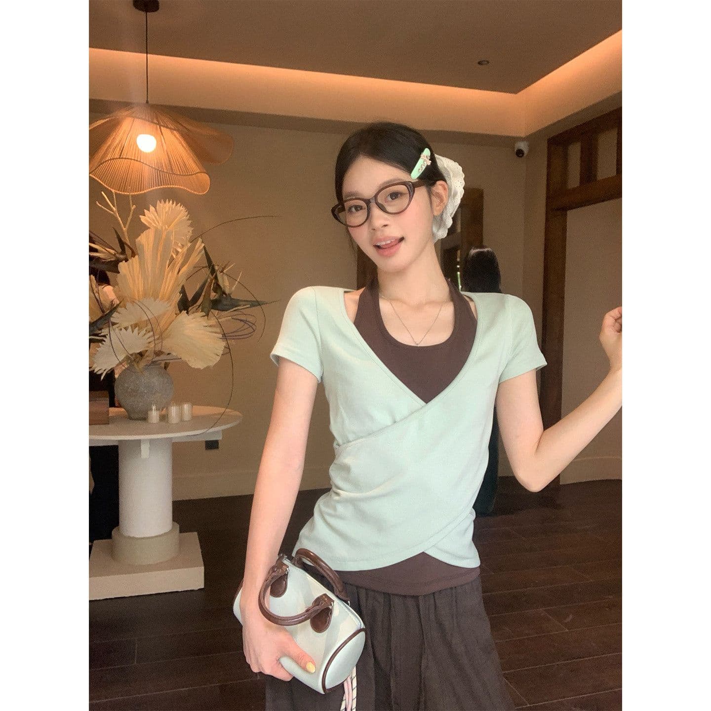 원본 사람들 면 260 그램 한 부서 녹색 페이크 레이어드 행침 목 티셔츠 여름 쇼트 스타일 핫걸 작은 맨위
