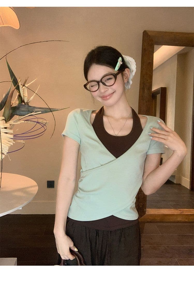 원본 사람들 면 260 그램 한 부서 녹색 페이크 레이어드 행침 목 티셔츠 여름 쇼트 스타일 핫걸 작은 맨위 상세 이미지 11
