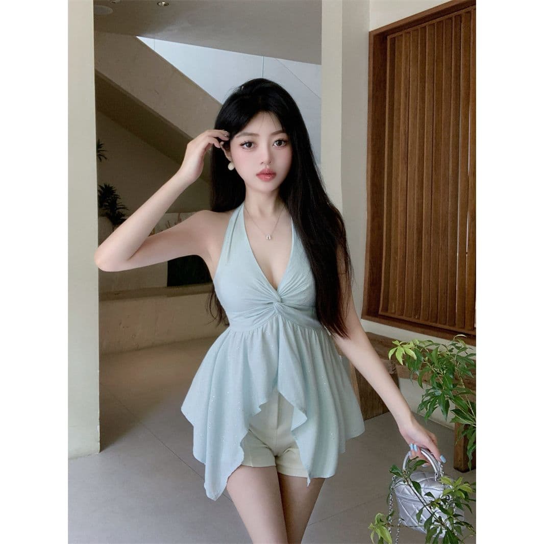 원본 것 파란색 비틀림 백리스 행침 목 캐미솔 여름 불규칙 민소매 맨위 외출용 이미지 4