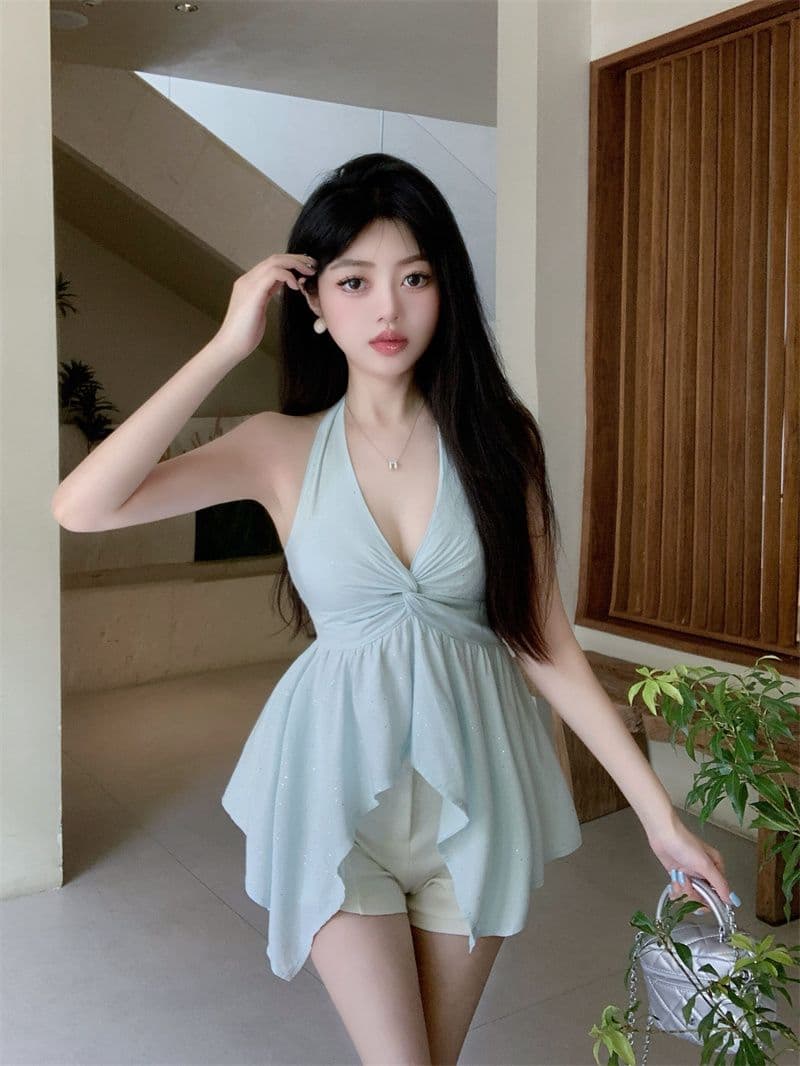원본 것 파란색 비틀림 백리스 행침 목 캐미솔 여름 불규칙 민소매 맨위 외출용 상세 이미지 5