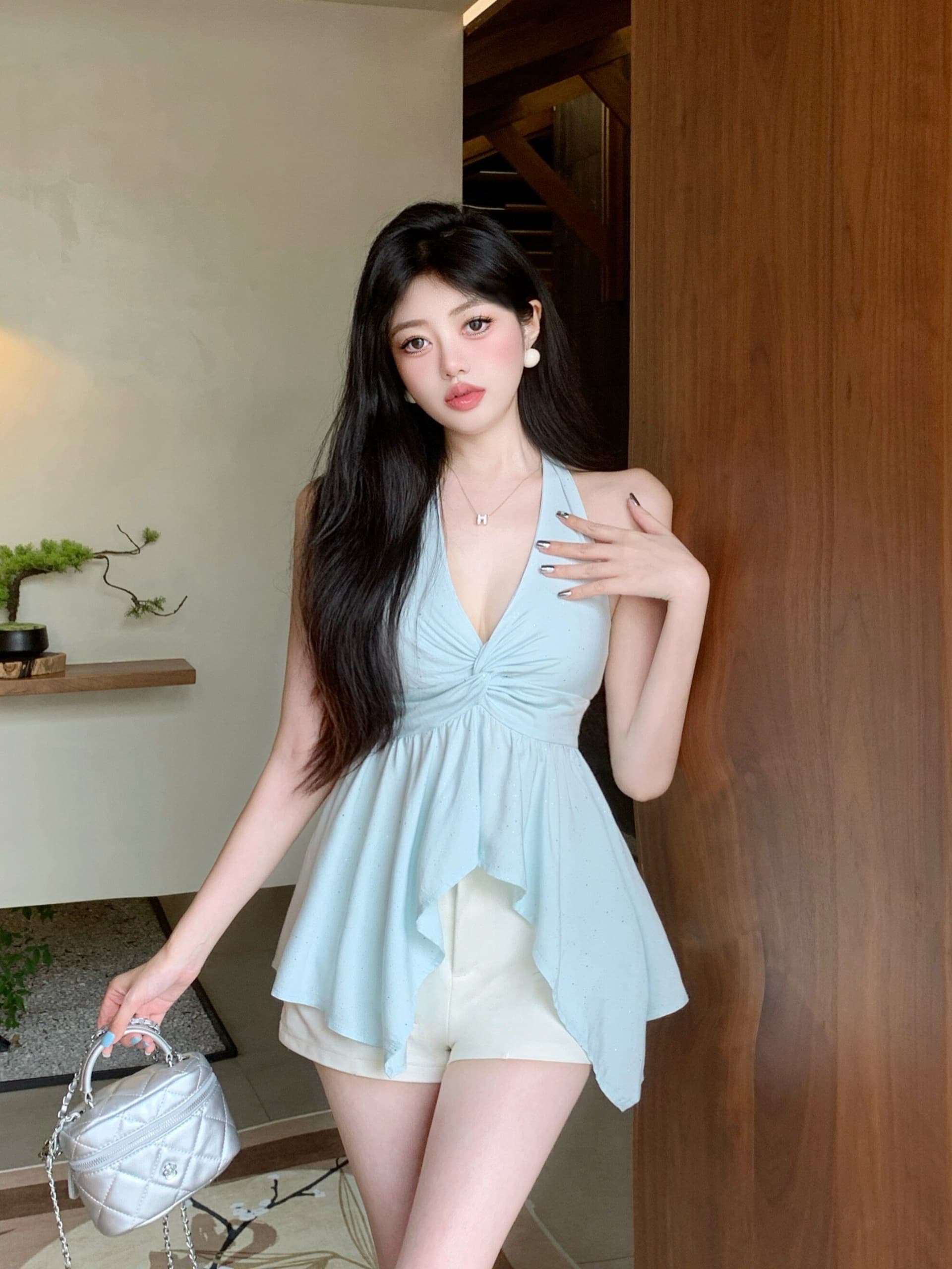 원본 것 파란색 비틀림 백리스 행침 목 캐미솔 여름 불규칙 민소매 맨위 외출용 상세 이미지 10