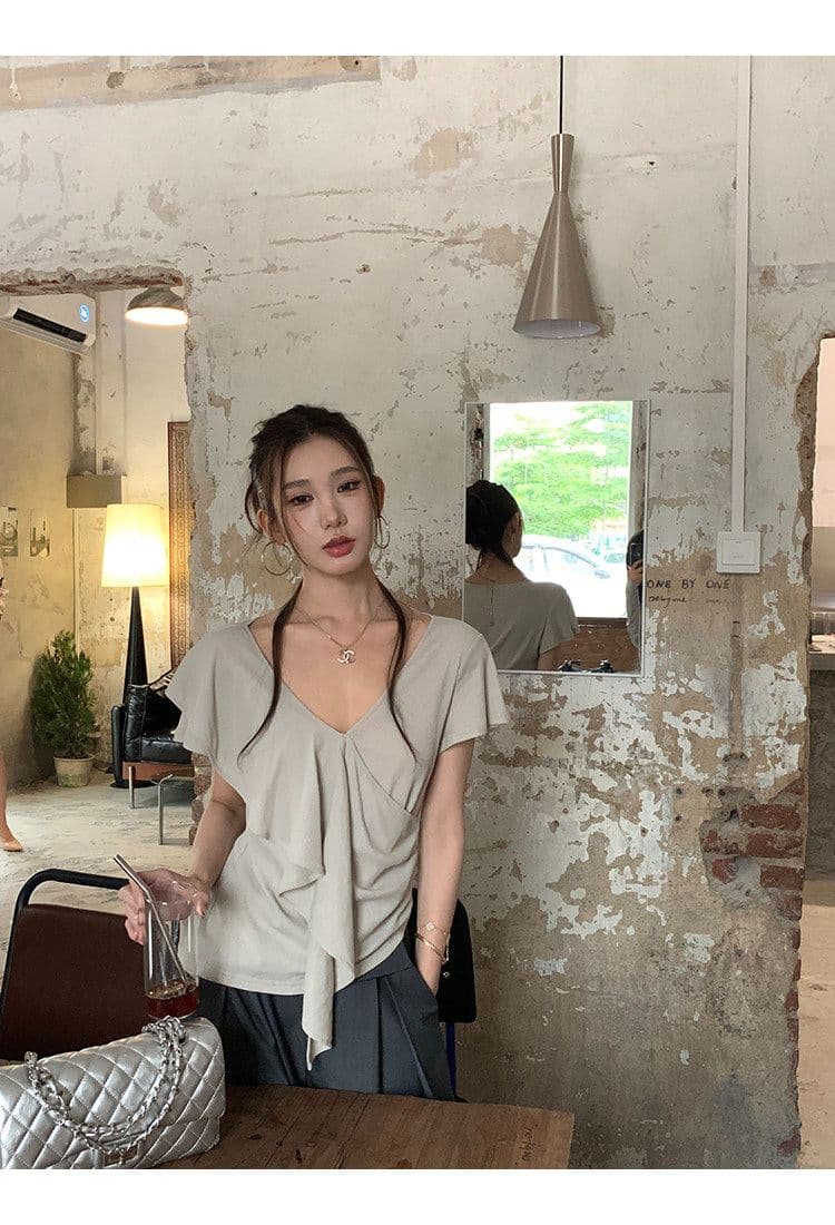 사람들 면 260 그램 V넥 프릴 반팔 티셔츠 여성 여름 디자인 불규칙 리본 핫걸 맨위 상세 이미지 6