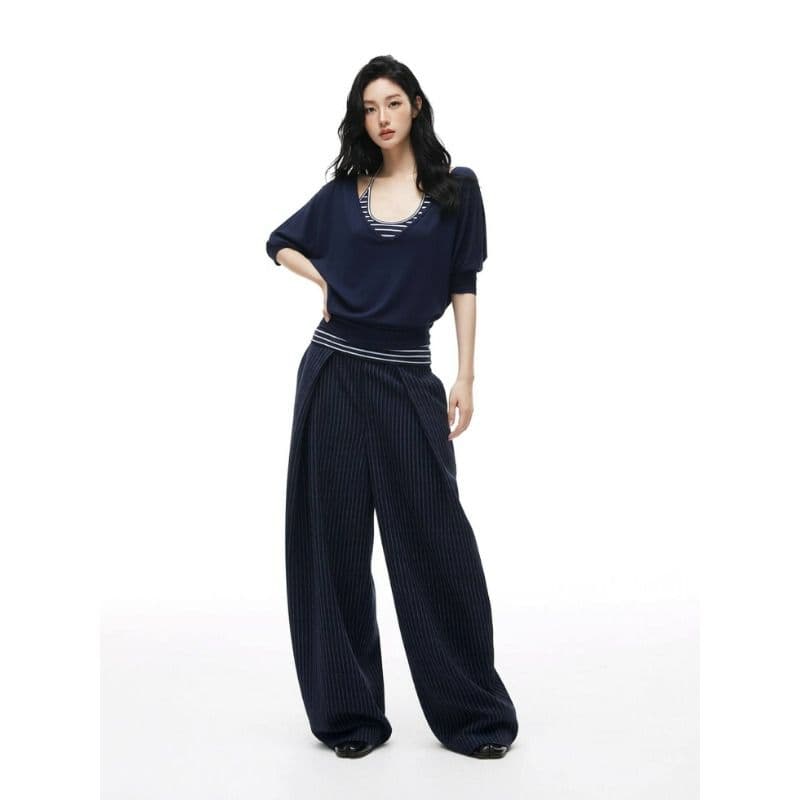 원본 사람들 면 260 그램 해군 사실 두 조각 맨위 스트라이프 슬립 패치워크 V넥 슬림해 보이는 블라우스 이미지 4