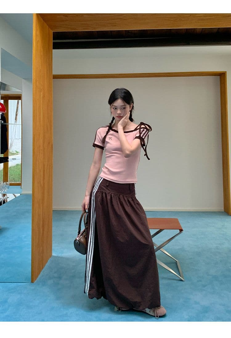 원본 것 원단 아메리칸 비스듬한 오프숄더 스트랩 스트라이프 반팔 티셔츠 여름 핫걸 긍정적 인 어깨 의류 상세 이미지 25