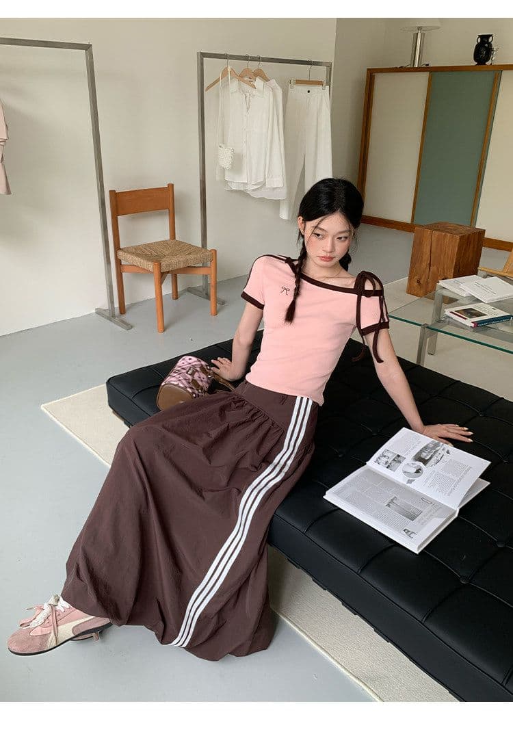 원본 것 원단 아메리칸 비스듬한 오프숄더 스트랩 스트라이프 반팔 티셔츠 여름 핫걸 긍정적 인 어깨 의류 상세 이미지 28
