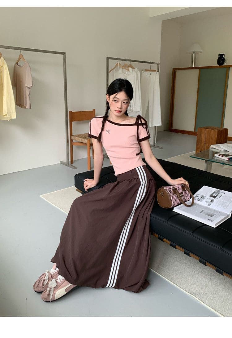 원본 것 원단 아메리칸 비스듬한 오프숄더 스트랩 스트라이프 반팔 티셔츠 여름 핫걸 긍정적 인 어깨 의류 상세 이미지 33