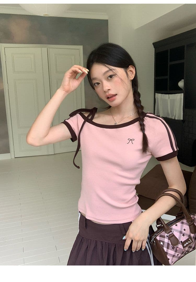 원본 것 원단 아메리칸 비스듬한 오프숄더 스트랩 스트라이프 반팔 티셔츠 여름 핫걸 긍정적 인 어깨 의류 상세 이미지 34