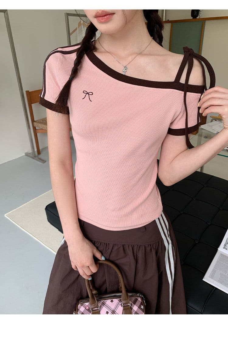원본 것 원단 아메리칸 비스듬한 오프숄더 스트랩 스트라이프 반팔 티셔츠 여름 핫걸 긍정적 인 어깨 의류 상세 이미지 35
