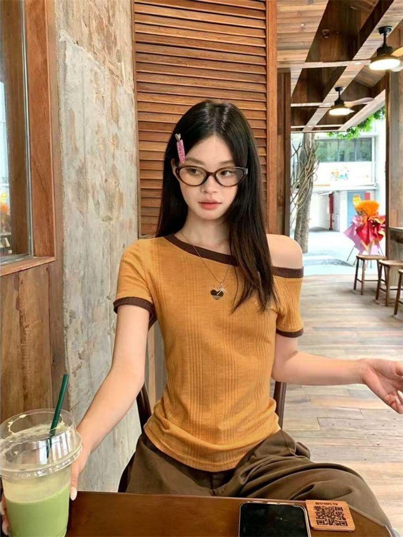 원본 것 원단 여름 비스듬한 어깨 보트넥 반팔 티셔츠 배색 칼라 개성 제인 트렌디 바람 맨위 상세 이미지 6