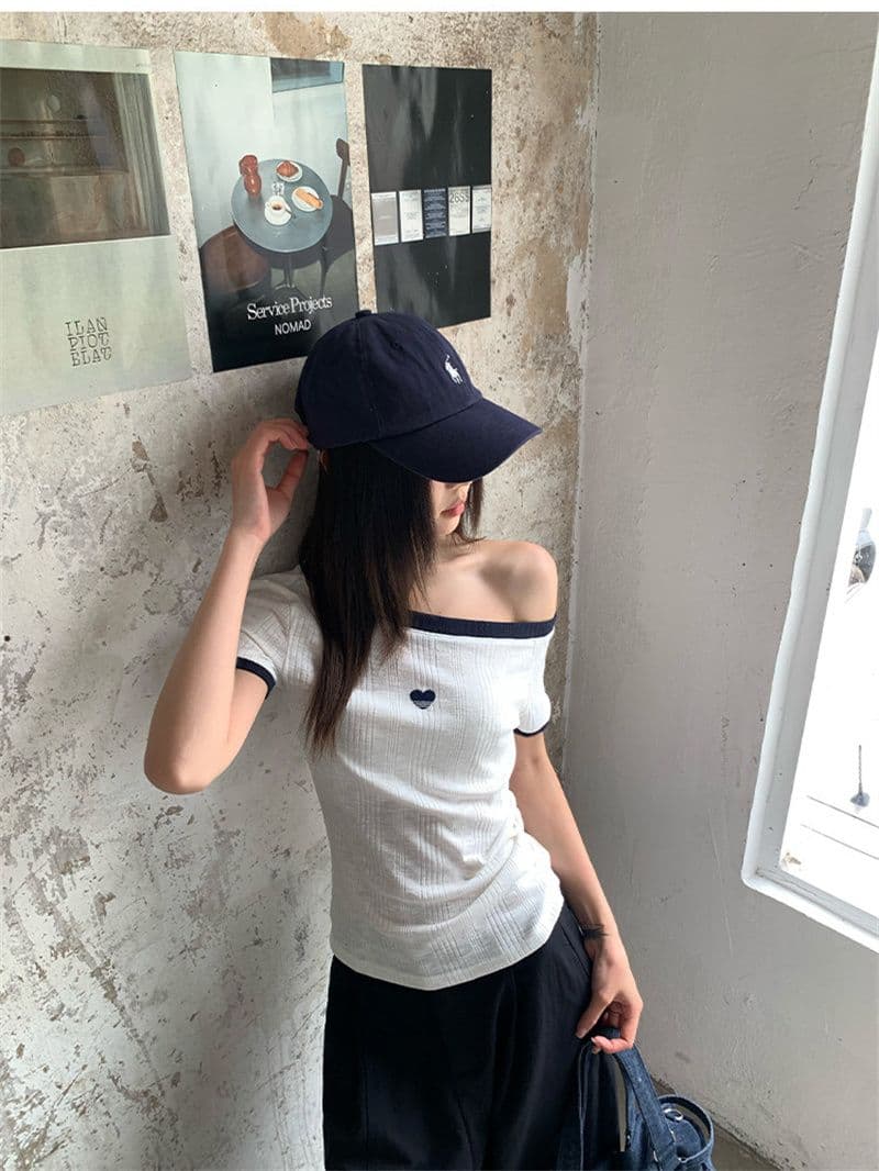 원본 것 원단 여름 비스듬한 어깨 보트넥 반팔 티셔츠 배색 칼라 개성 제인 트렌디 바람 맨위 상세 이미지 7