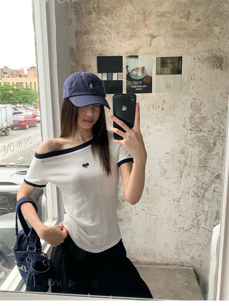 원본 것 원단 여름 비스듬한 어깨 보트넥 반팔 티셔츠 배색 칼라 개성 제인 트렌디 바람 맨위 상세 이미지 9