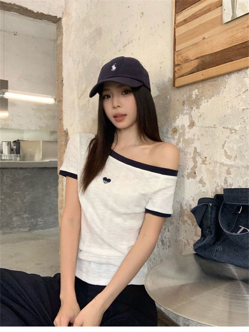 원본 것 원단 여름 비스듬한 어깨 보트넥 반팔 티셔츠 배색 칼라 개성 제인 트렌디 바람 맨위 상세 이미지 10