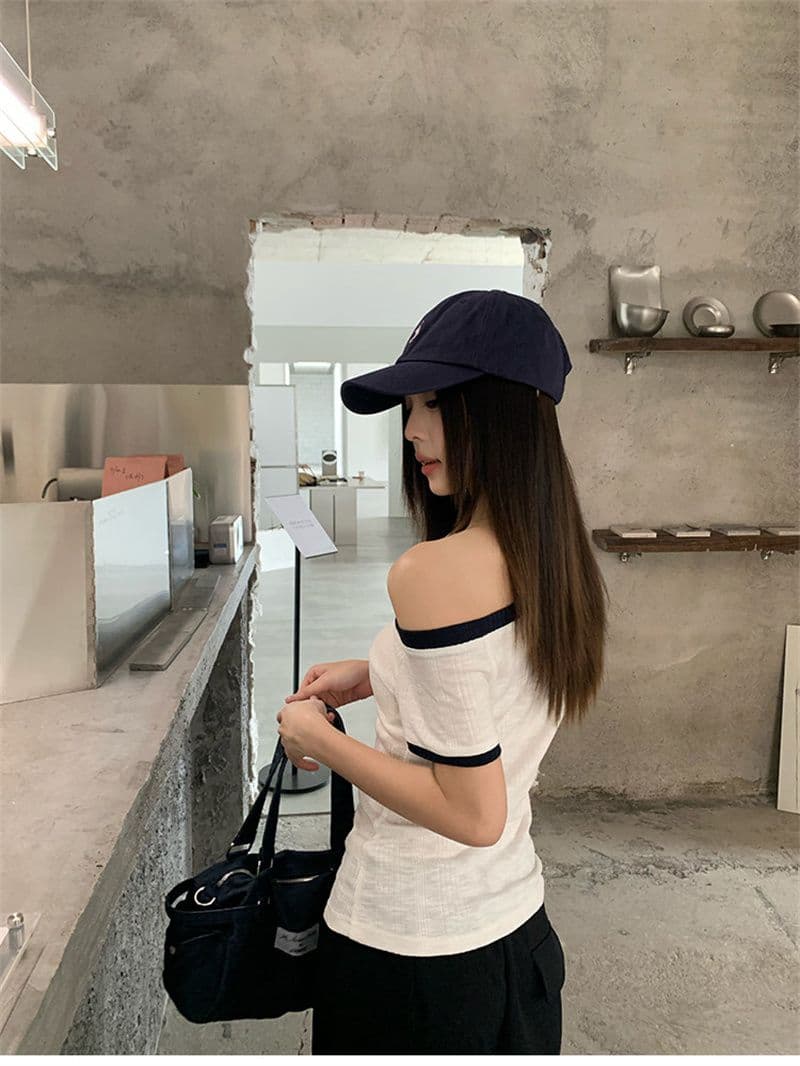 원본 것 원단 여름 비스듬한 어깨 보트넥 반팔 티셔츠 배색 칼라 개성 제인 트렌디 바람 맨위 상세 이미지 11