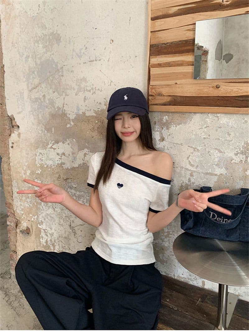 원본 것 원단 여름 비스듬한 어깨 보트넥 반팔 티셔츠 배색 칼라 개성 제인 트렌디 바람 맨위 상세 이미지 12