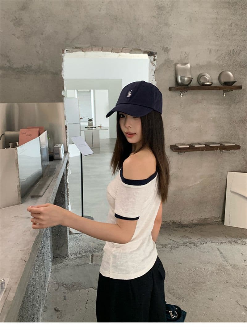 원본 것 원단 여름 비스듬한 어깨 보트넥 반팔 티셔츠 배색 칼라 개성 제인 트렌디 바람 맨위 상세 이미지 20
