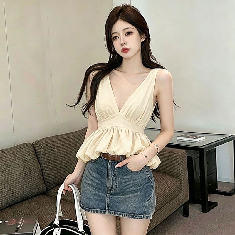 꽃밭 캐미솔 여름 핫걸 V넥 행침 목 퍼프 맨위 고유 한 품격 조끼 상세 이미지 1